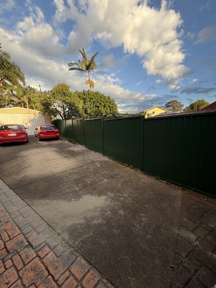 Green Colorbond fence running the length of a brick driveway